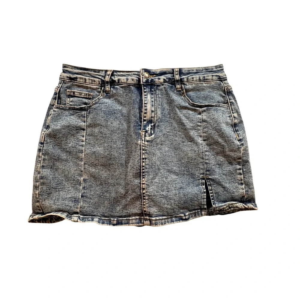 Unbranded Acid Wash Denim Skort Womens Large Blue Stretch Mini Skirt with Slit